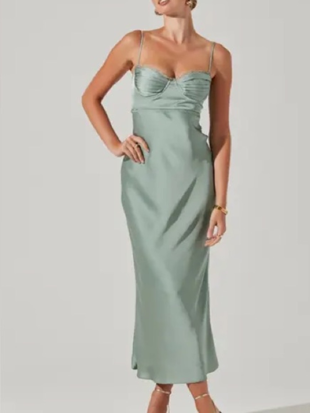 NWT ASTR The Label Florianne Lace Trim Satin Maxi Dress in Sage - Picture 3 of 5